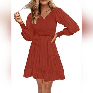 NWT Merokeety Smocked Mini Dress XL Rust Red Flowy Tiered Long Sleeve